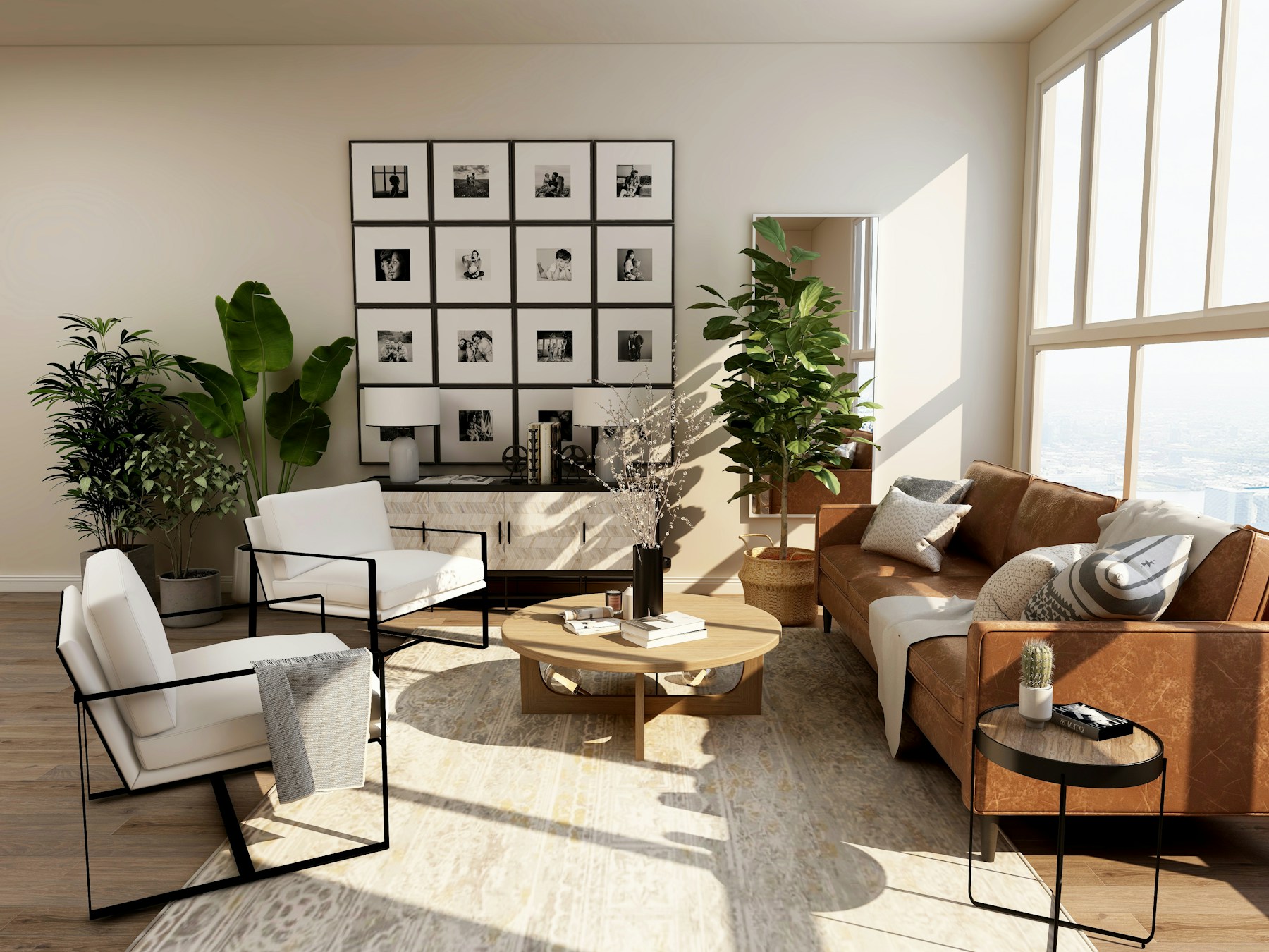 Sunlit contemporary living room with natural wood furniture — interior inspiration